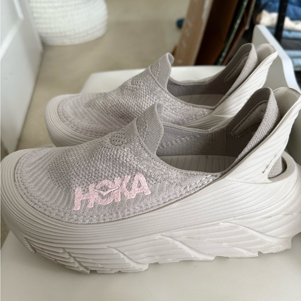 Hoka U Restore TC Beige and Soft Pink Slip-On Shoes